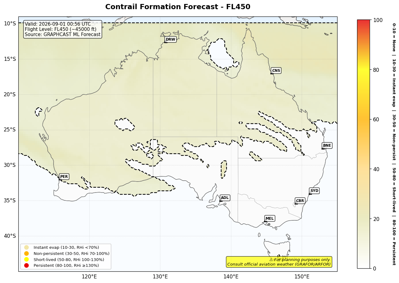 Contrail forecast for FL450 at 2026-09-01 00:56 UTC