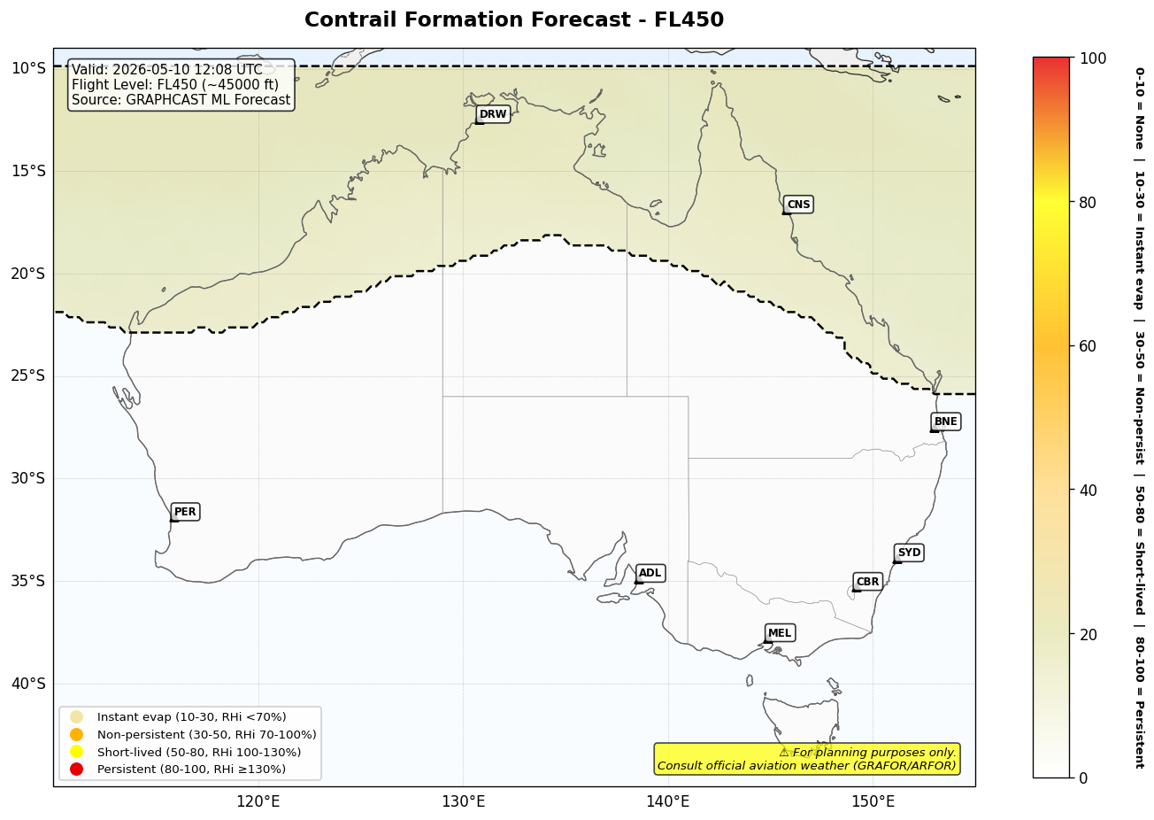 Contrail forecast for FL450 at 2026-05-10 12:08 UTC