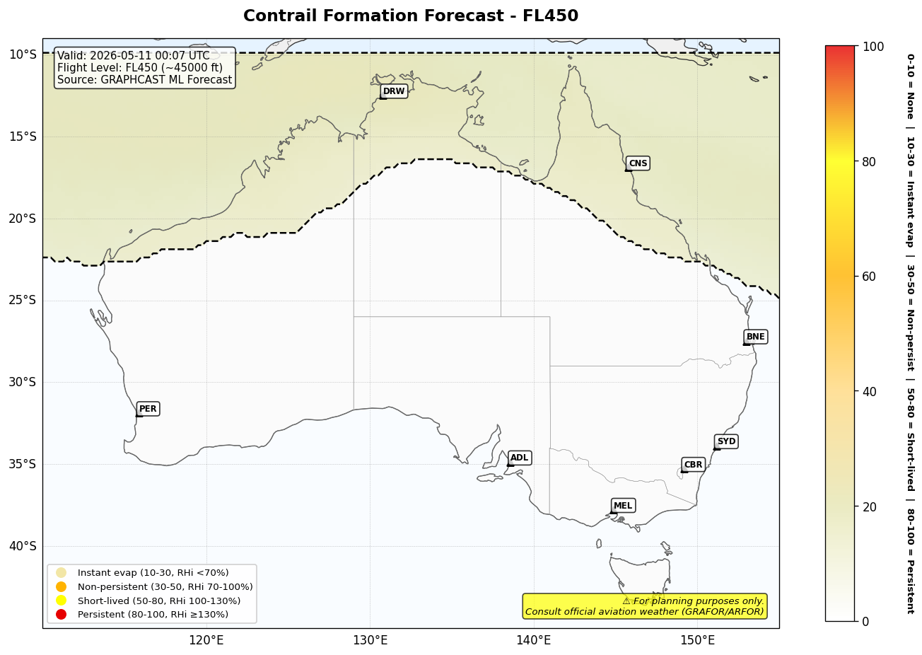 Contrail forecast for FL450 at 2026-05-11 00:07 UTC