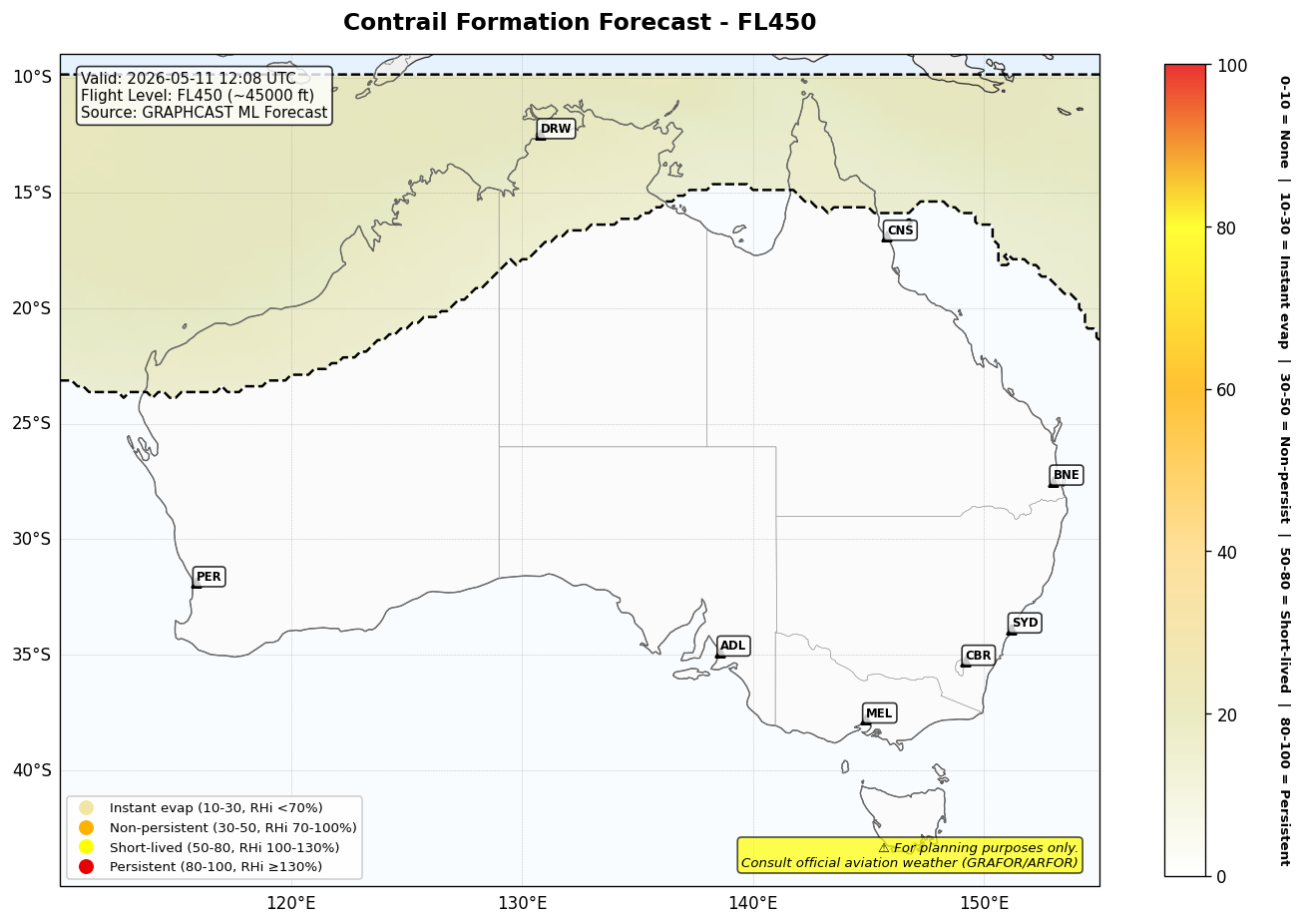 Contrail forecast for FL450 at 2026-05-11 12:08 UTC