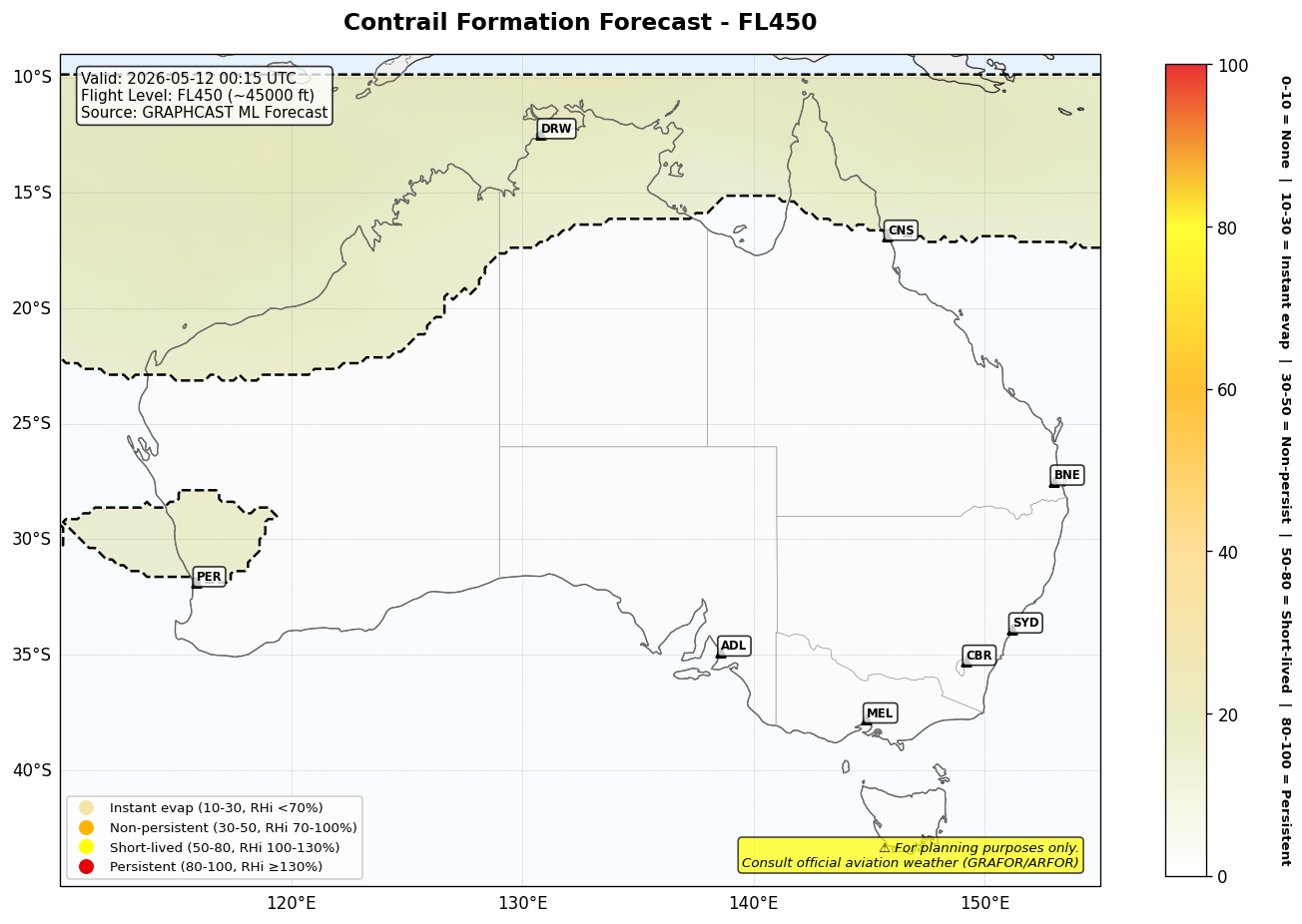 Contrail forecast for FL450 at 2026-05-12 00:15 UTC