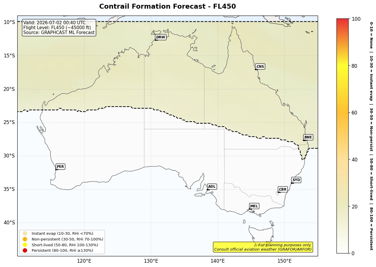 Contrail forecast for FL450 at 2026-07-02 00:40 UTC