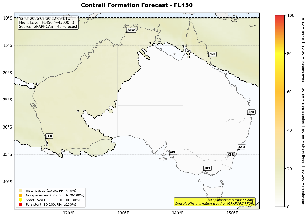 Contrail forecast for FL450 at 2026-08-30 12:09 UTC