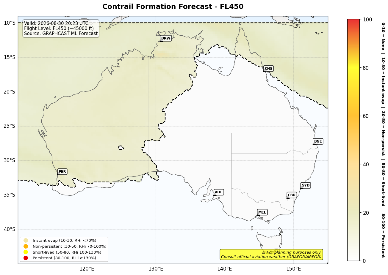 Contrail forecast for FL450 at 2026-08-30 20:23 UTC