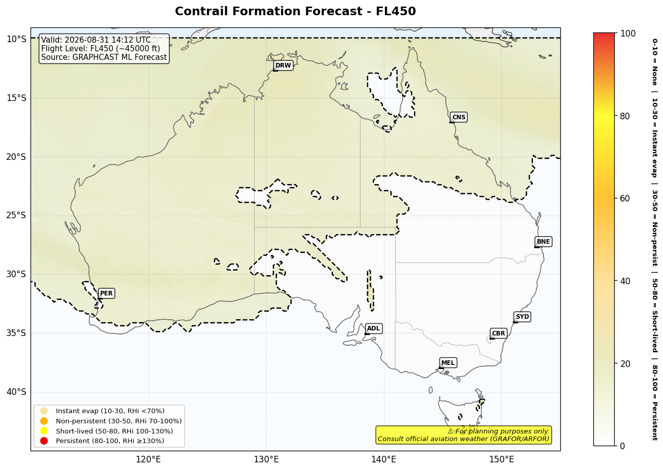Contrail forecast for FL450 at 2026-08-31 14:12 UTC