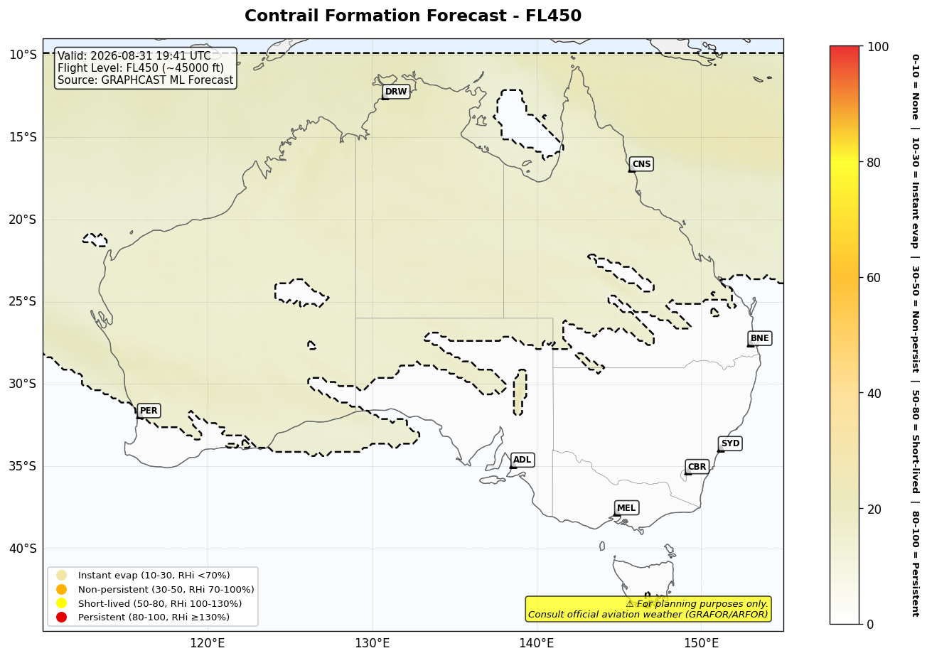 Contrail forecast for FL450 at 2026-08-31 19:41 UTC