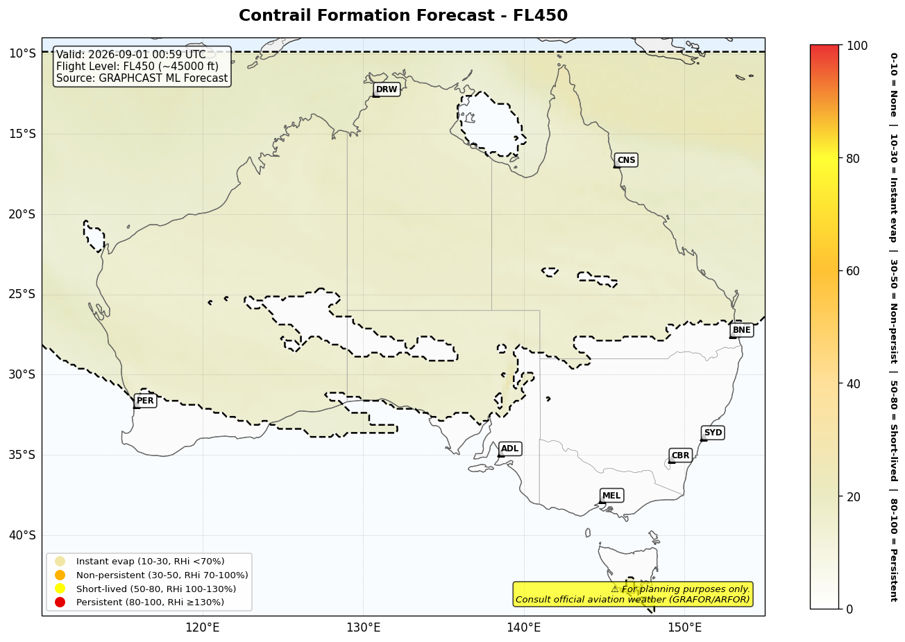 Contrail forecast for FL450 at 2026-09-01 00:59 UTC