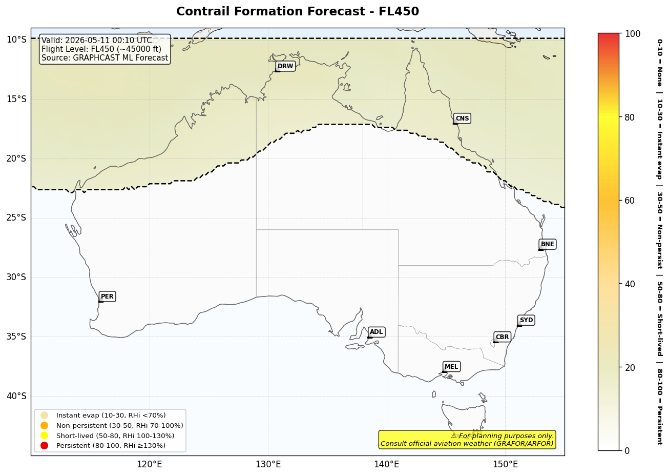Contrail forecast for FL450 at 2026-05-11 00:10 UTC