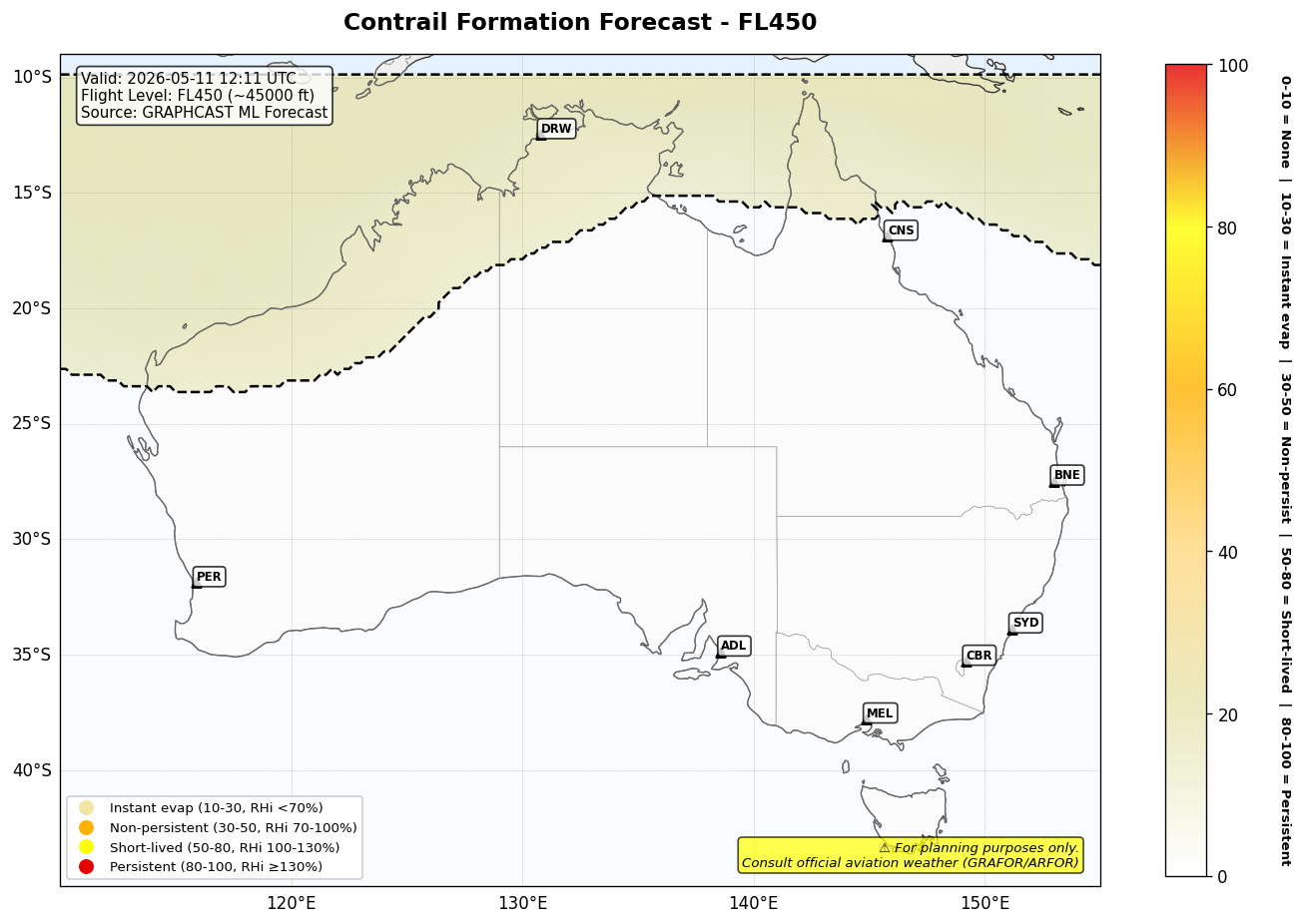 Contrail forecast for FL450 at 2026-05-11 12:11 UTC