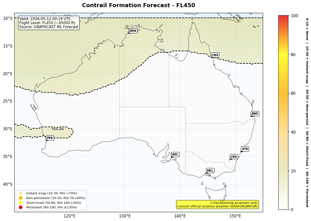 Contrail forecast for FL450 at 2026-05-12 00:19 UTC