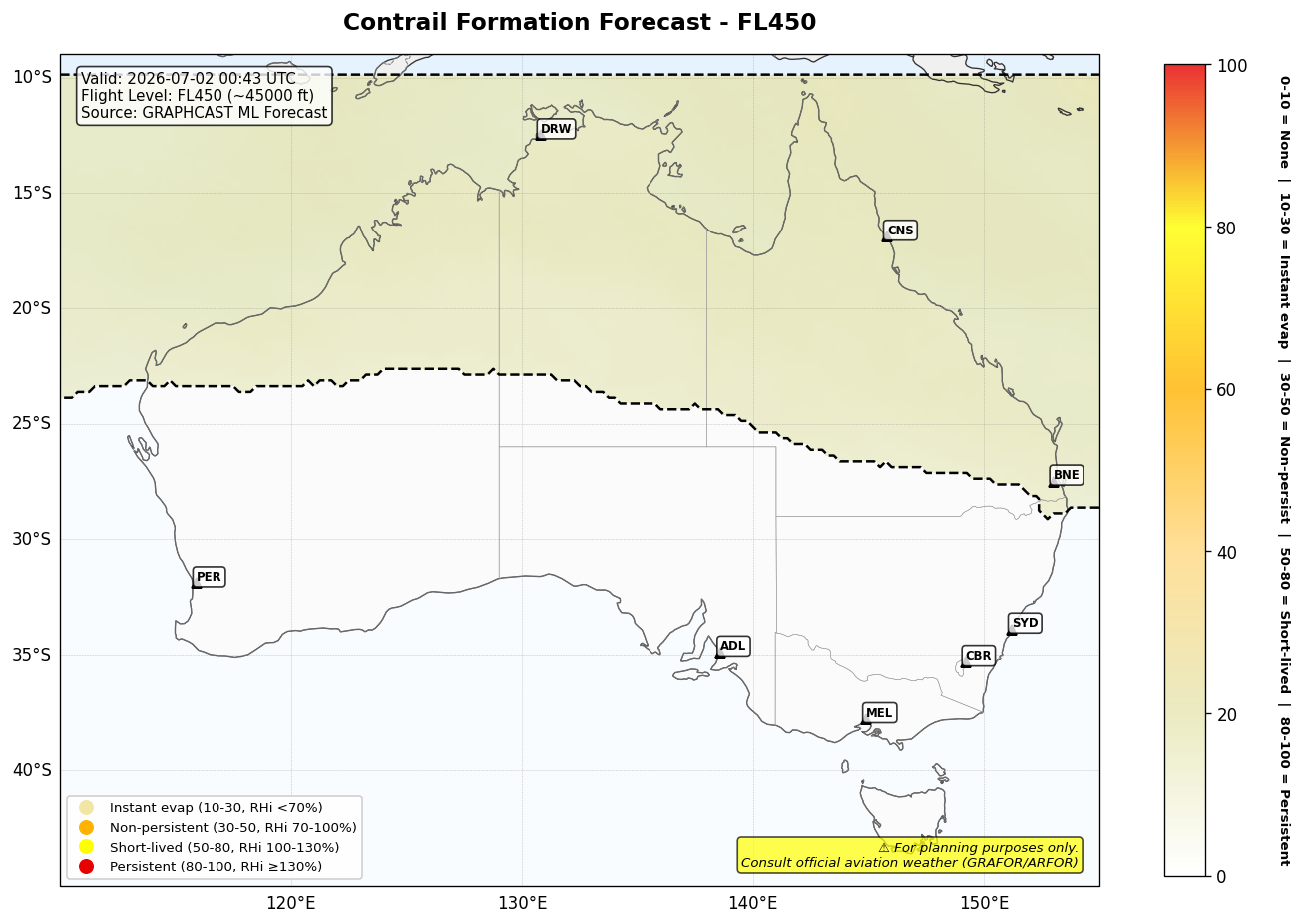 Contrail forecast for FL450 at 2026-07-02 00:43 UTC