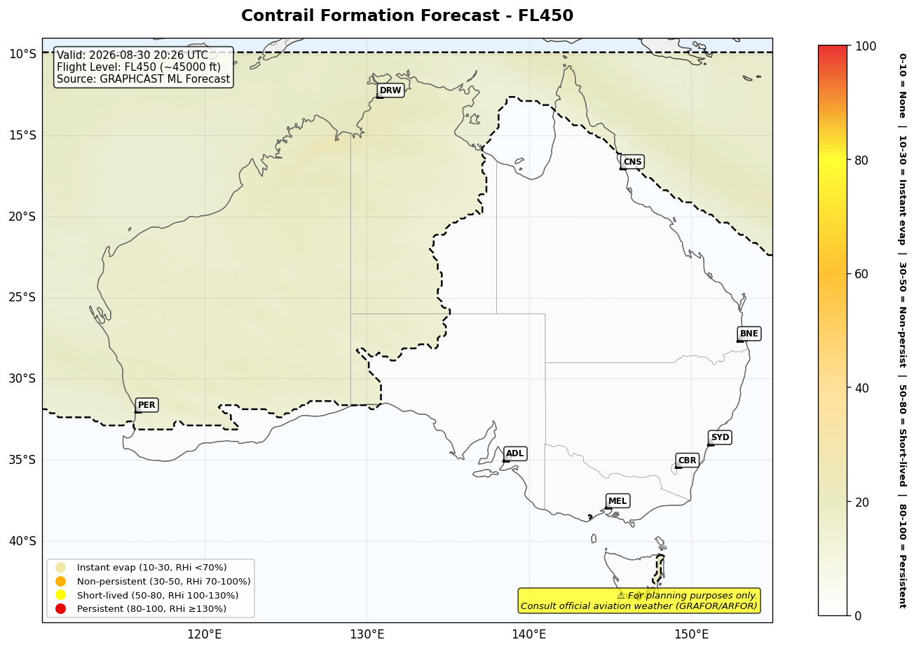 Contrail forecast for FL450 at 2026-08-30 20:26 UTC