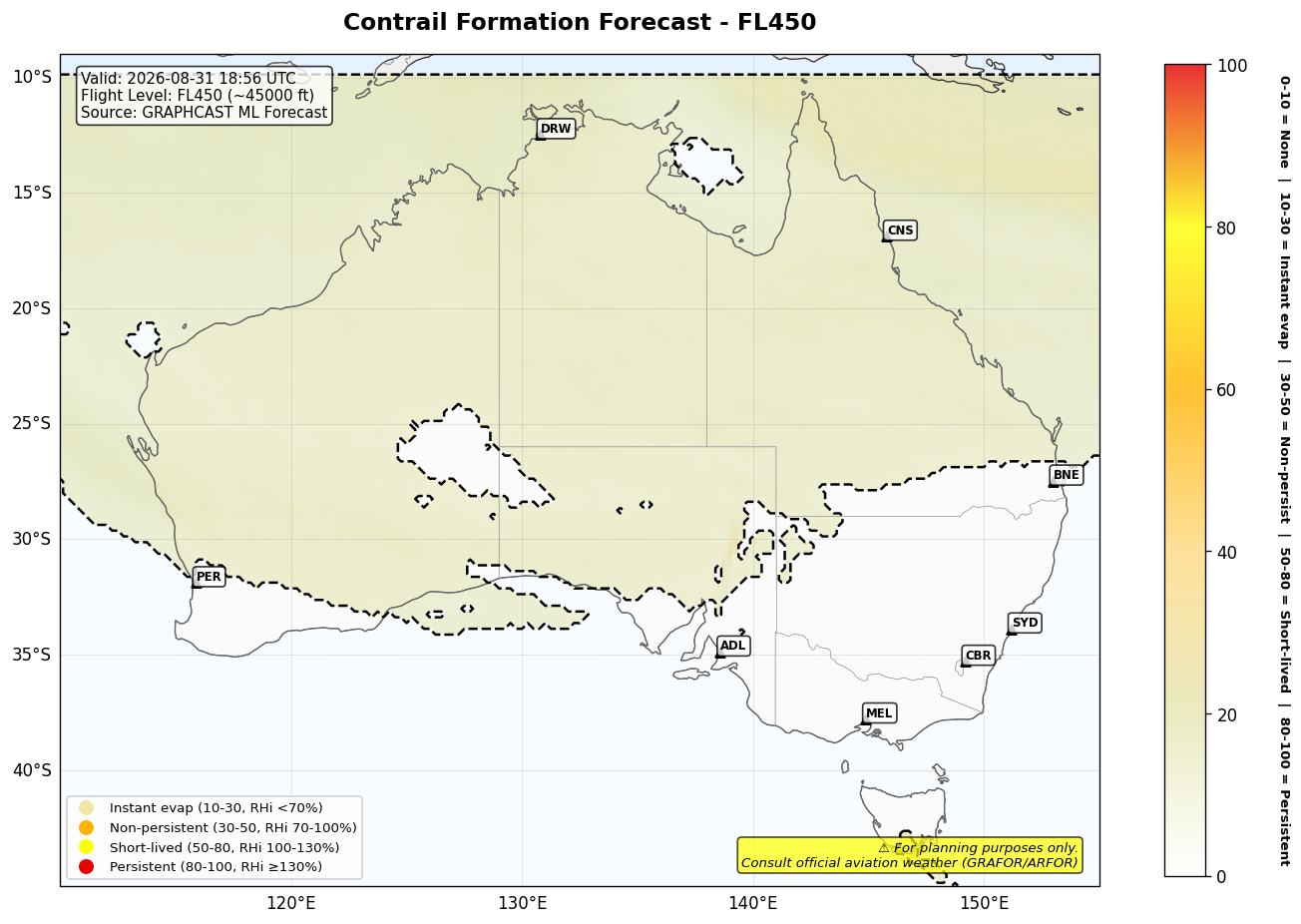 Contrail forecast for FL450 at 2026-08-31 18:56 UTC