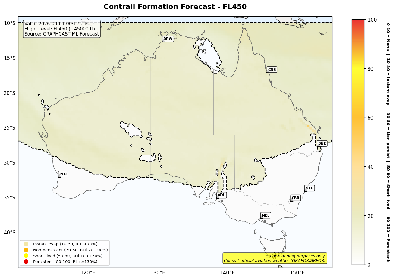 Contrail forecast for FL450 at 2026-09-01 00:12 UTC