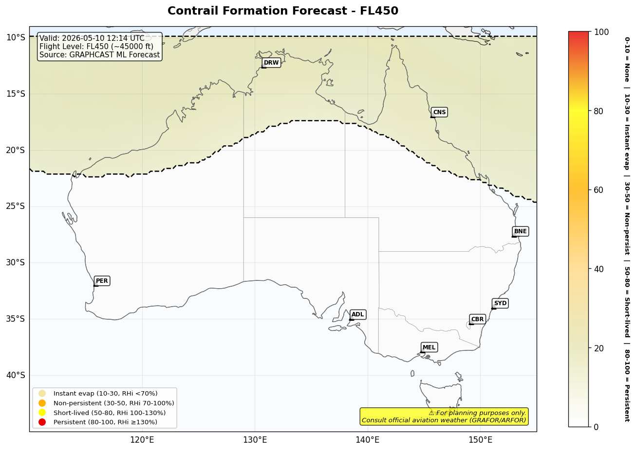 Contrail forecast for FL450 at 2026-05-10 12:14 UTC