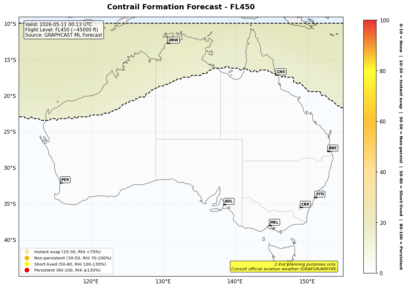 Contrail forecast for FL450 at 2026-05-11 00:13 UTC