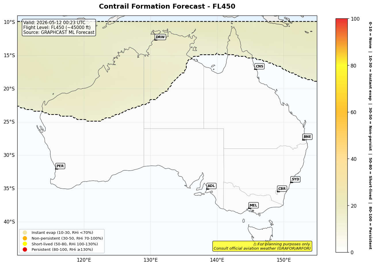 Contrail forecast for FL450 at 2026-05-12 00:23 UTC
