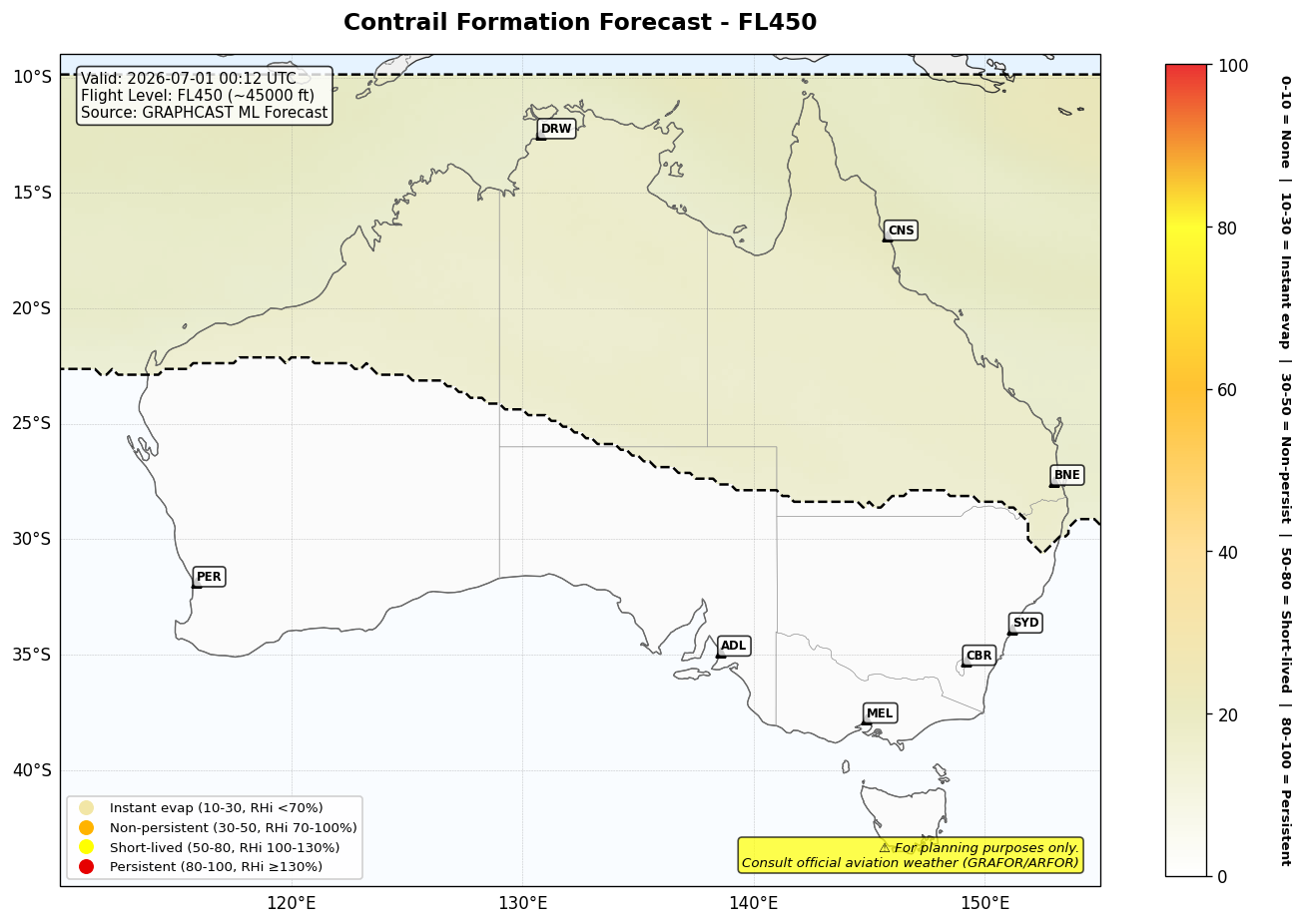 Contrail forecast for FL450 at 2026-07-01 00:12 UTC