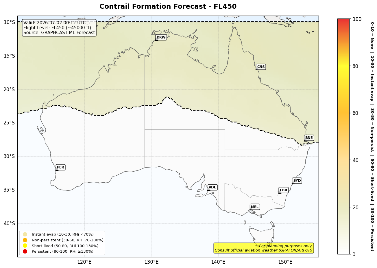 Contrail forecast for FL450 at 2026-07-02 00:12 UTC