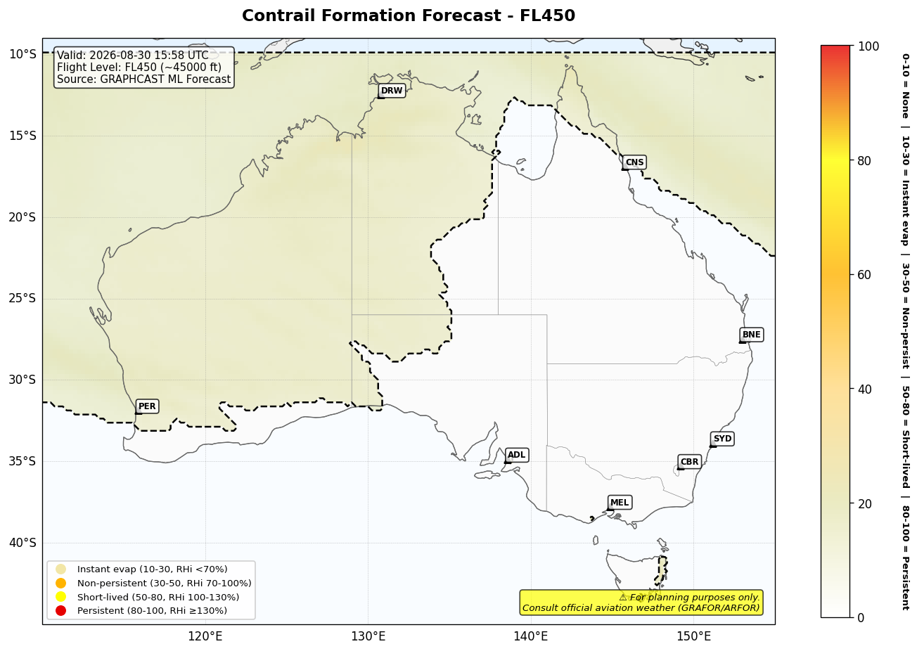 Contrail forecast for FL450 at 2026-08-30 15:58 UTC