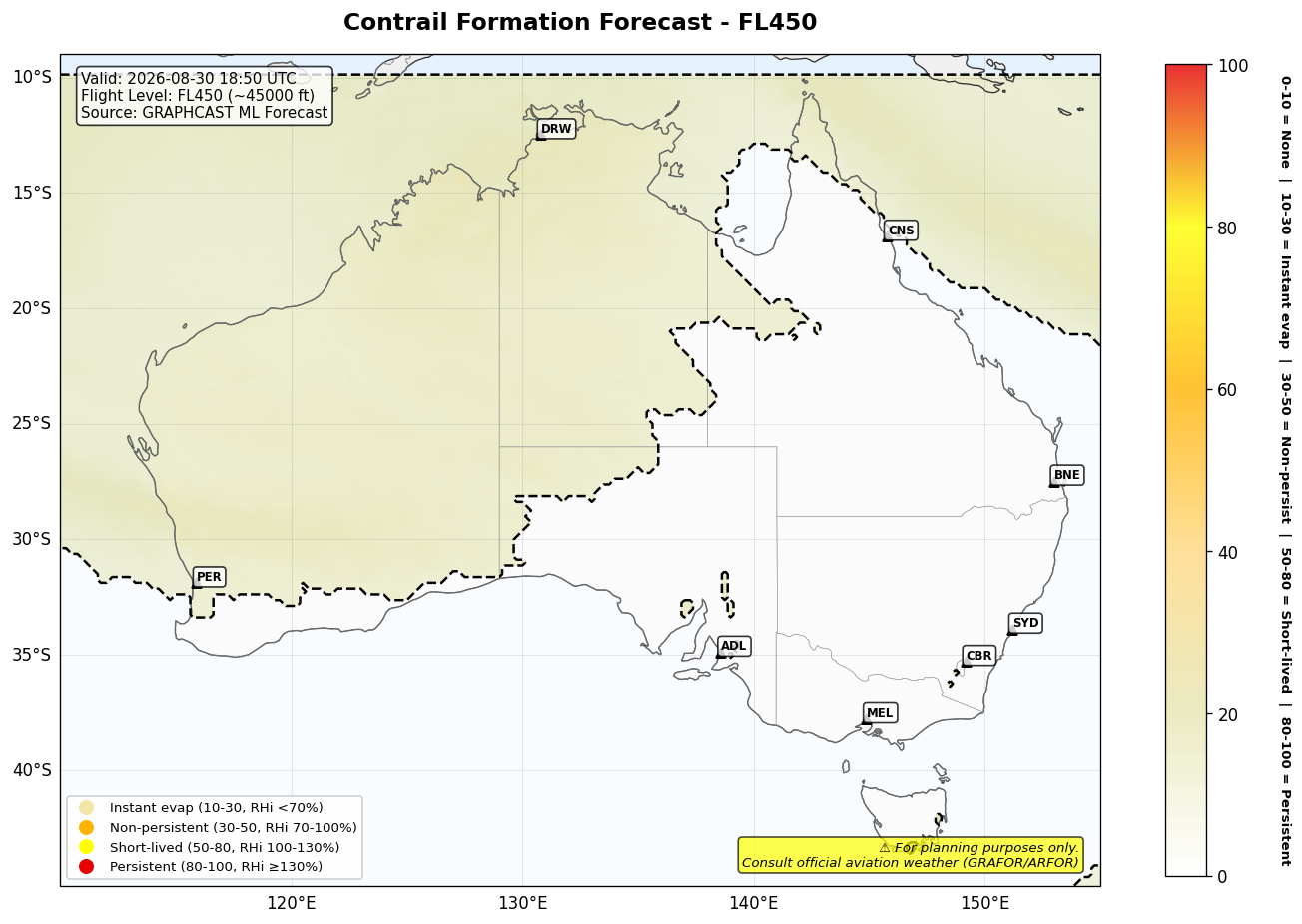 Contrail forecast for FL450 at 2026-08-30 18:50 UTC