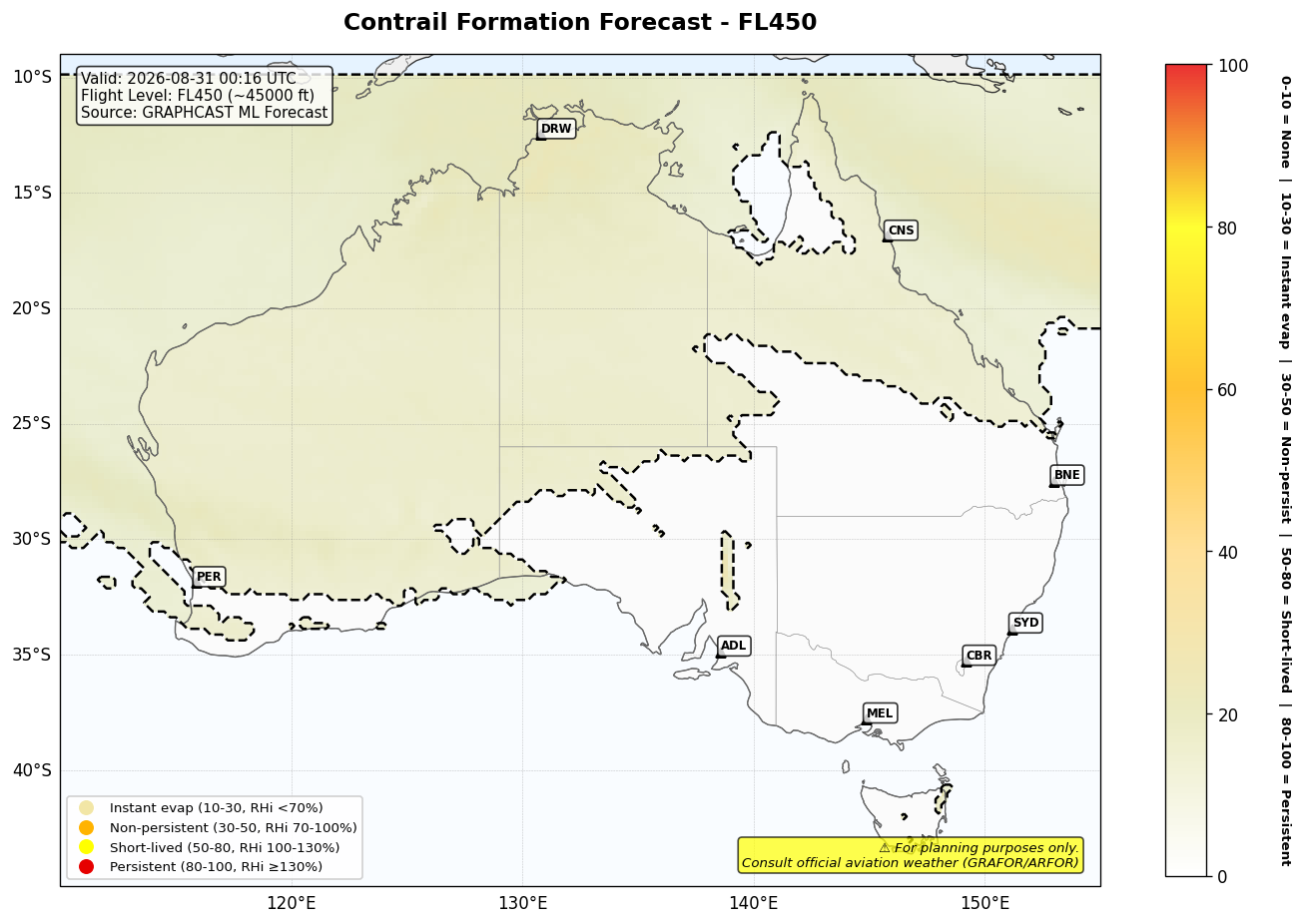 Contrail forecast for FL450 at 2026-08-31 00:16 UTC