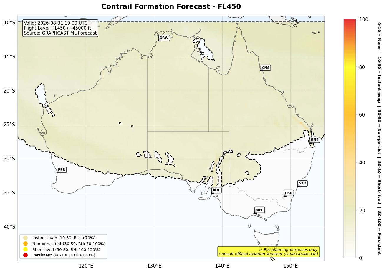 Contrail forecast for FL450 at 2026-08-31 19:00 UTC