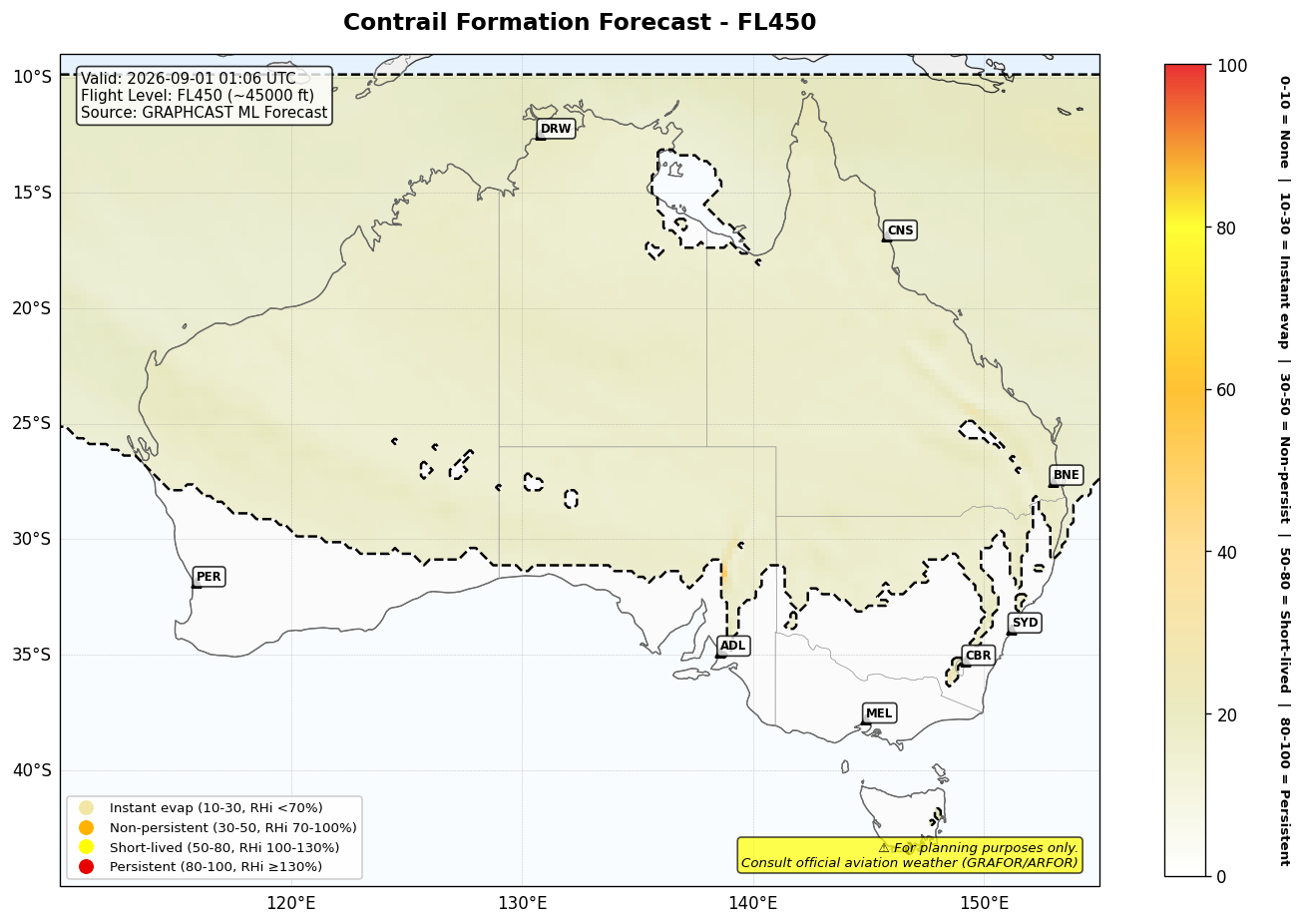 Contrail forecast for FL450 at 2026-09-01 01:06 UTC