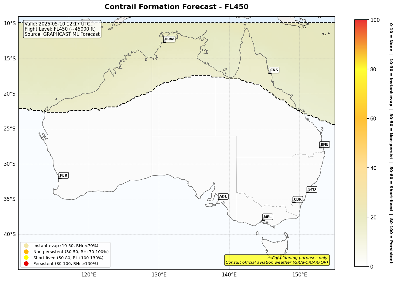 Contrail forecast for FL450 at 2026-05-10 12:17 UTC