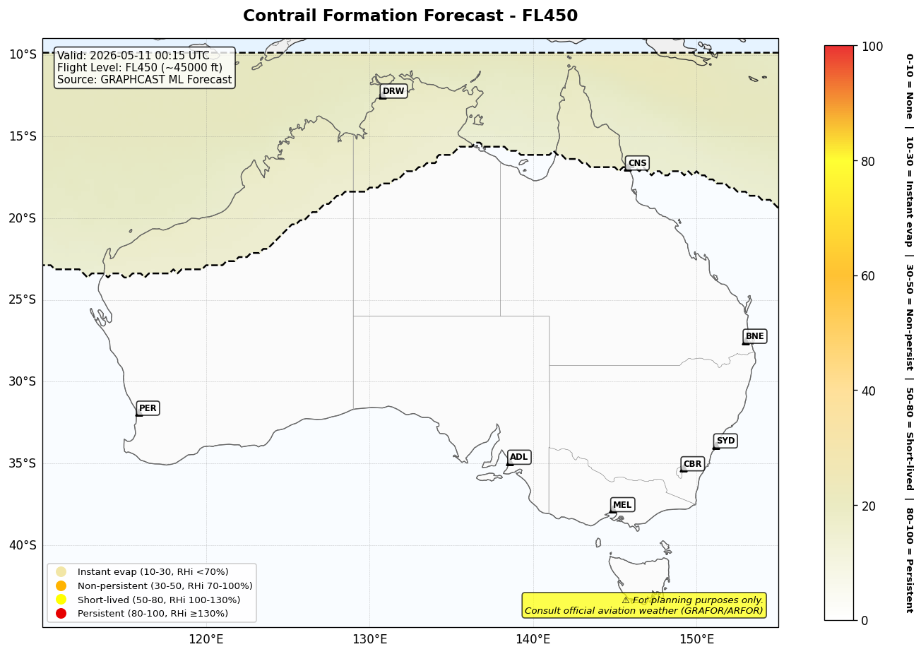 Contrail forecast for FL450 at 2026-05-11 00:15 UTC
