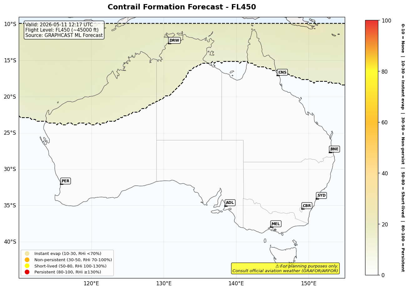 Contrail forecast for FL450 at 2026-05-11 12:17 UTC