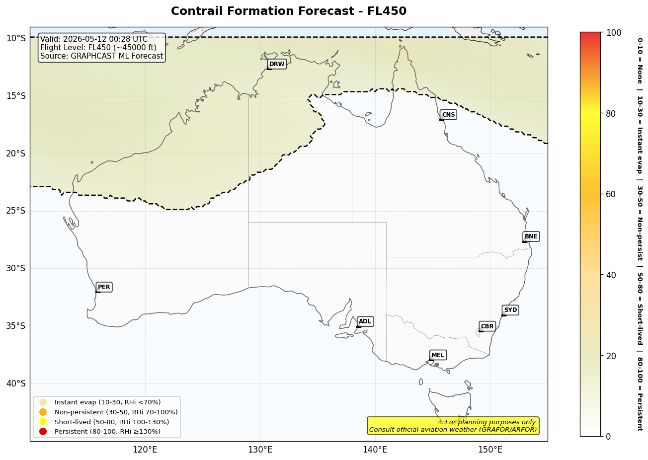 Contrail forecast for FL450 at 2026-05-12 00:28 UTC