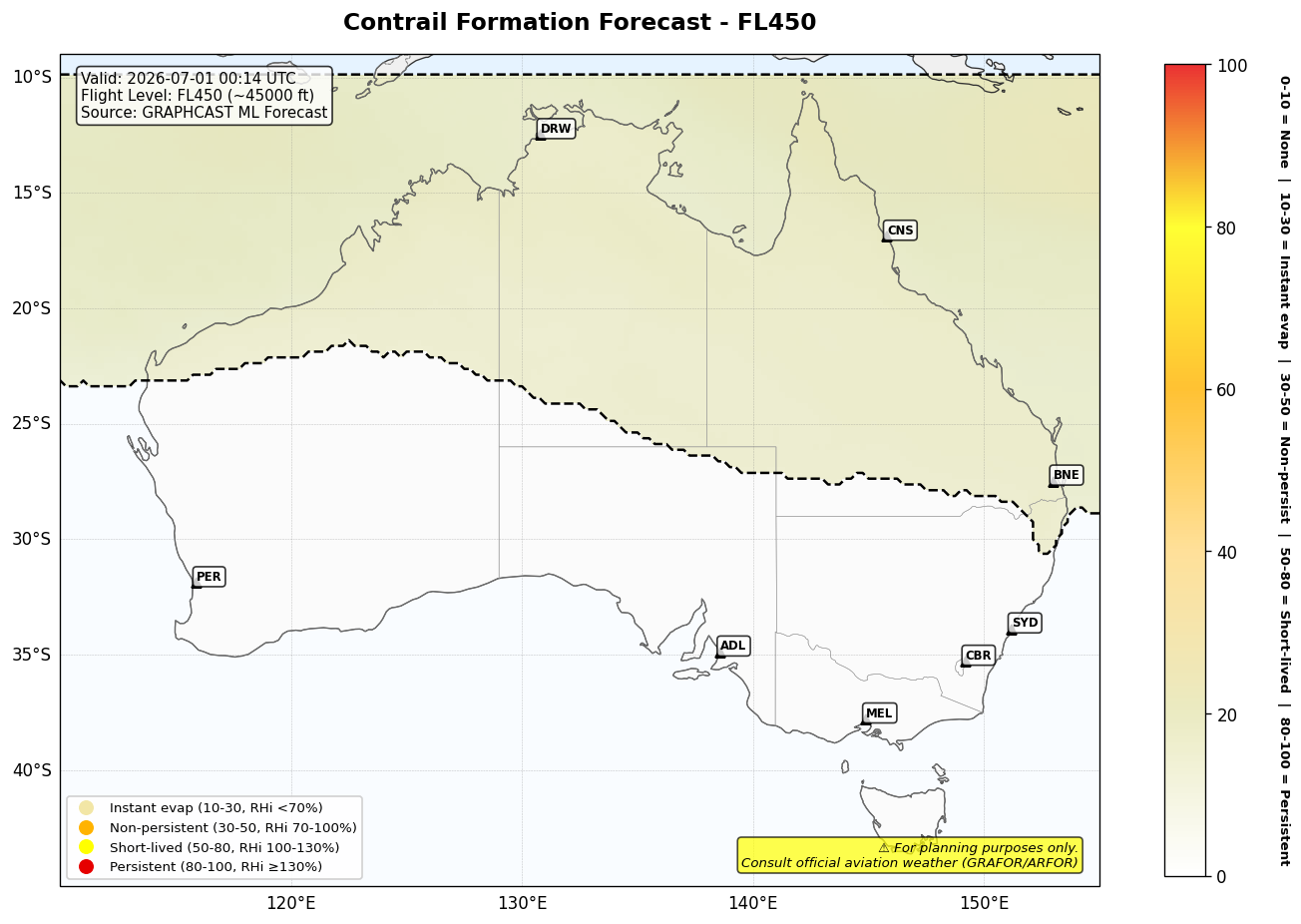 Contrail forecast for FL450 at 2026-07-01 00:14 UTC