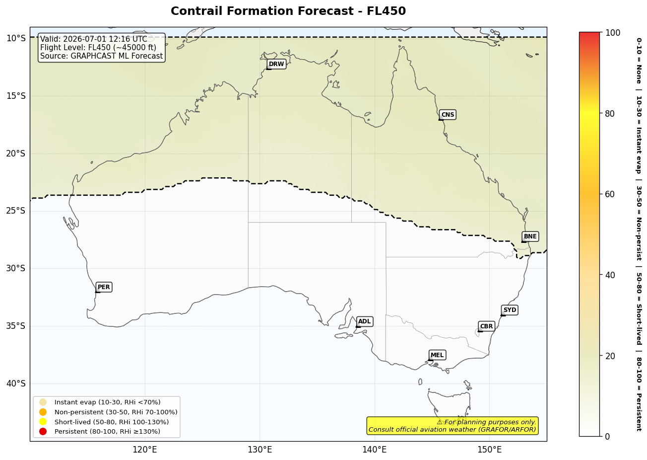 Contrail forecast for FL450 at 2026-07-01 12:16 UTC