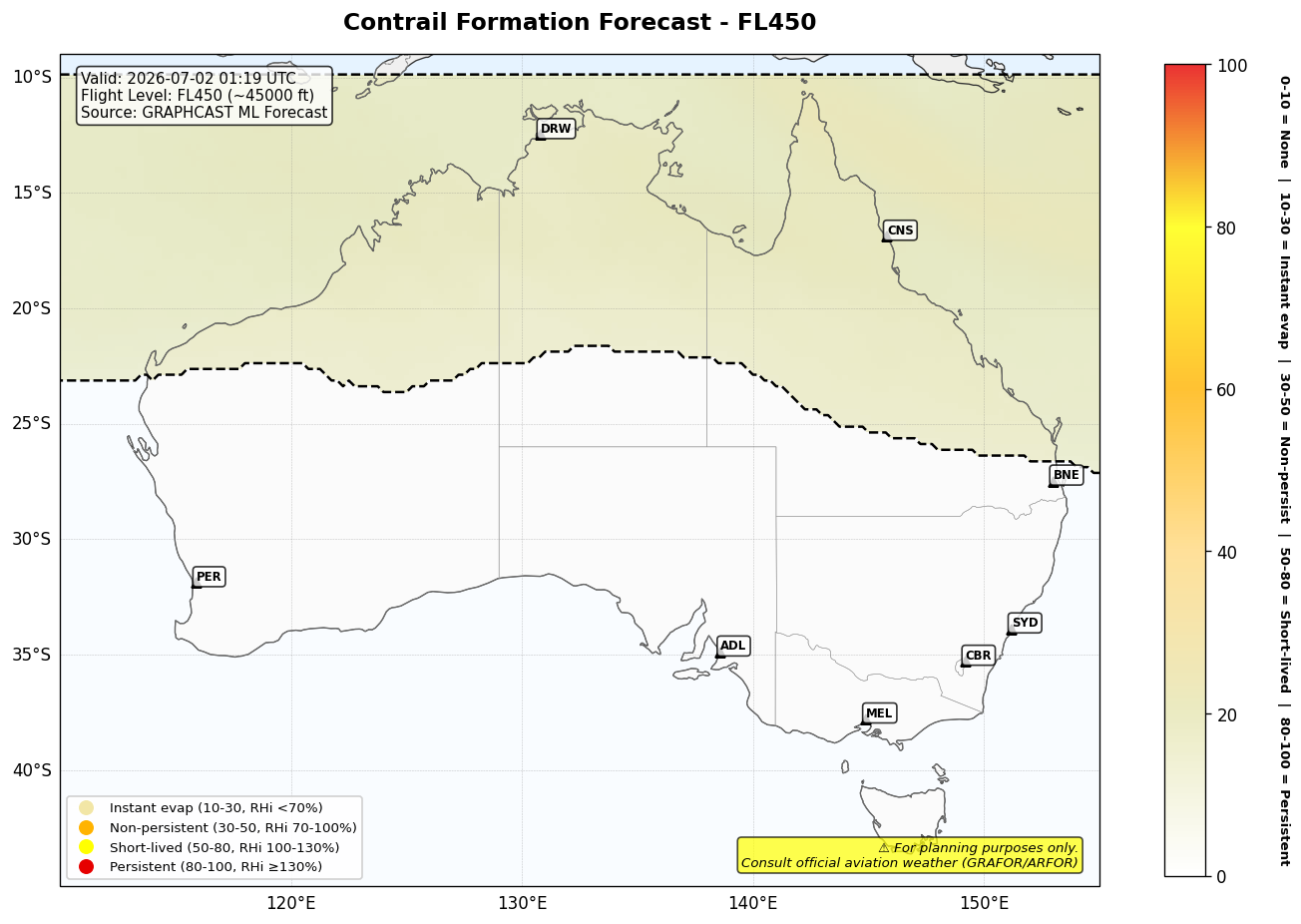 Contrail forecast for FL450 at 2026-07-02 01:19 UTC