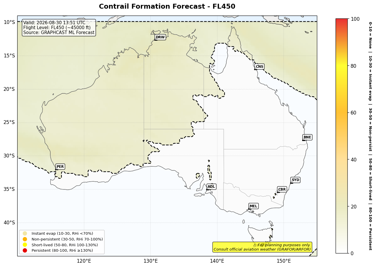 Contrail forecast for FL450 at 2026-08-30 13:51 UTC