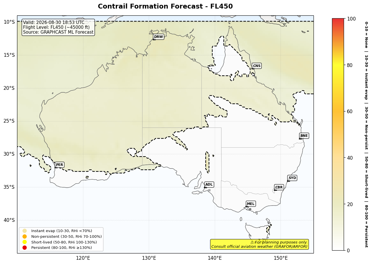 Contrail forecast for FL450 at 2026-08-30 18:53 UTC