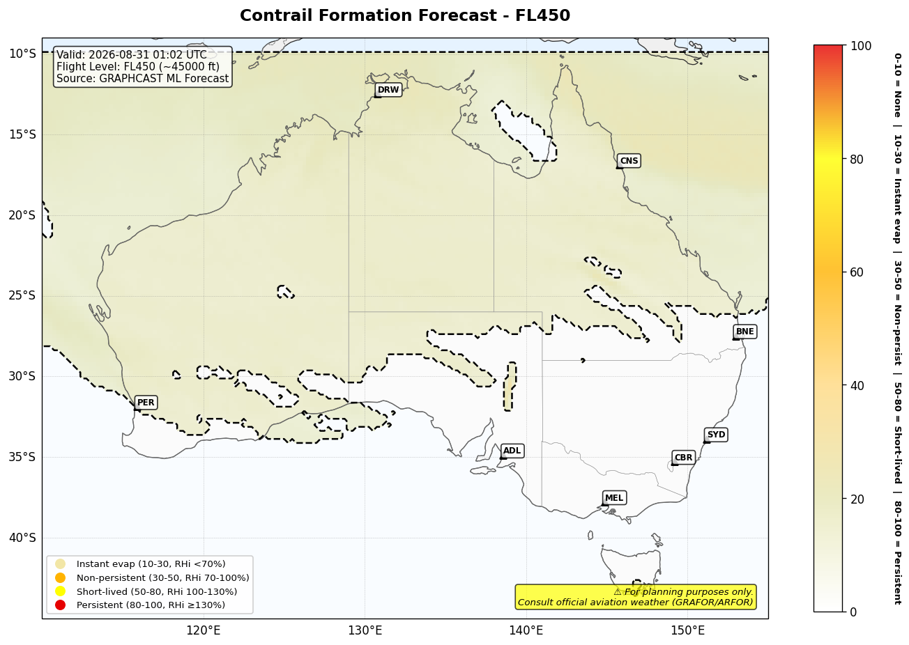 Contrail forecast for FL450 at 2026-08-31 01:02 UTC