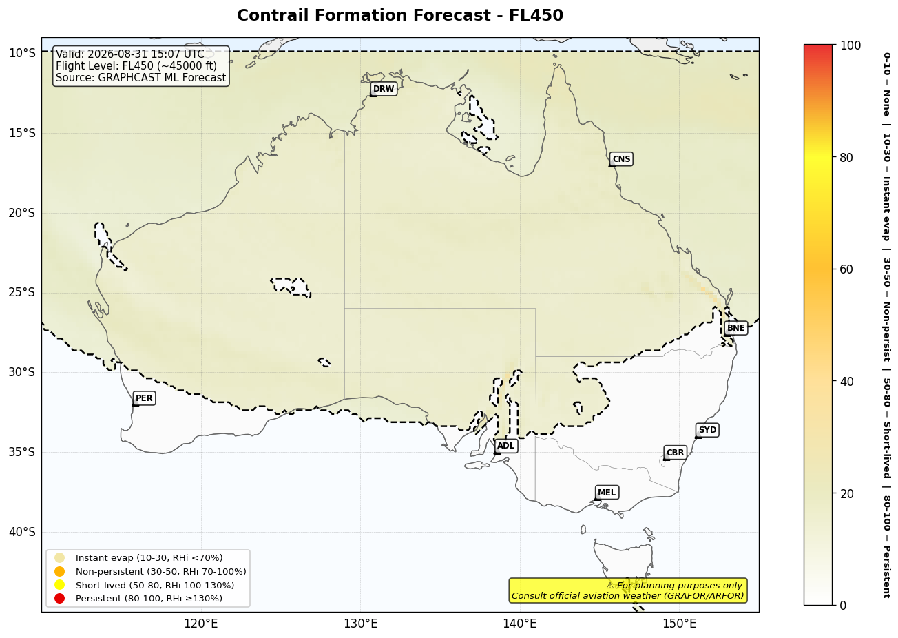 Contrail forecast for FL450 at 2026-08-31 15:07 UTC