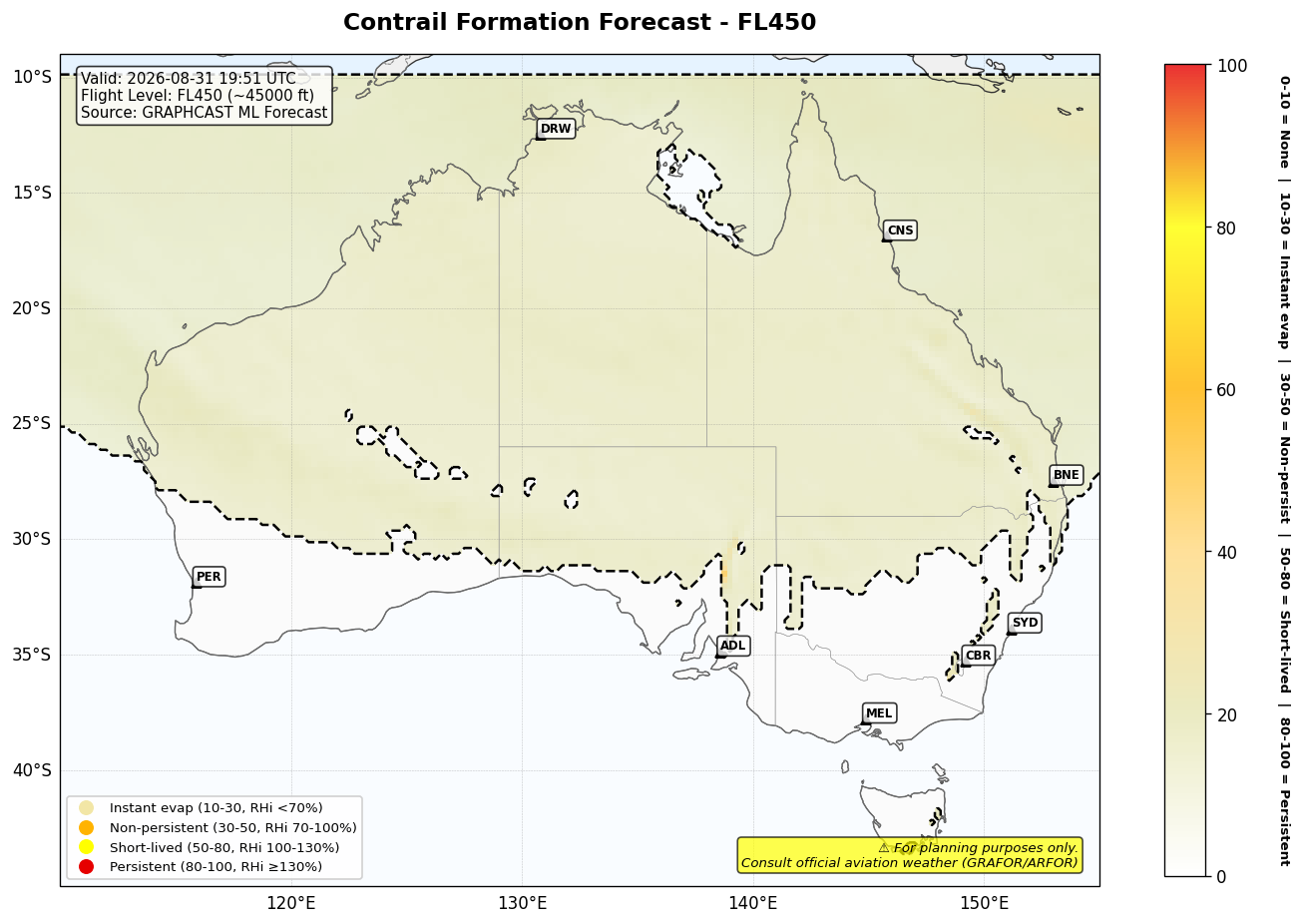 Contrail forecast for FL450 at 2026-08-31 19:51 UTC