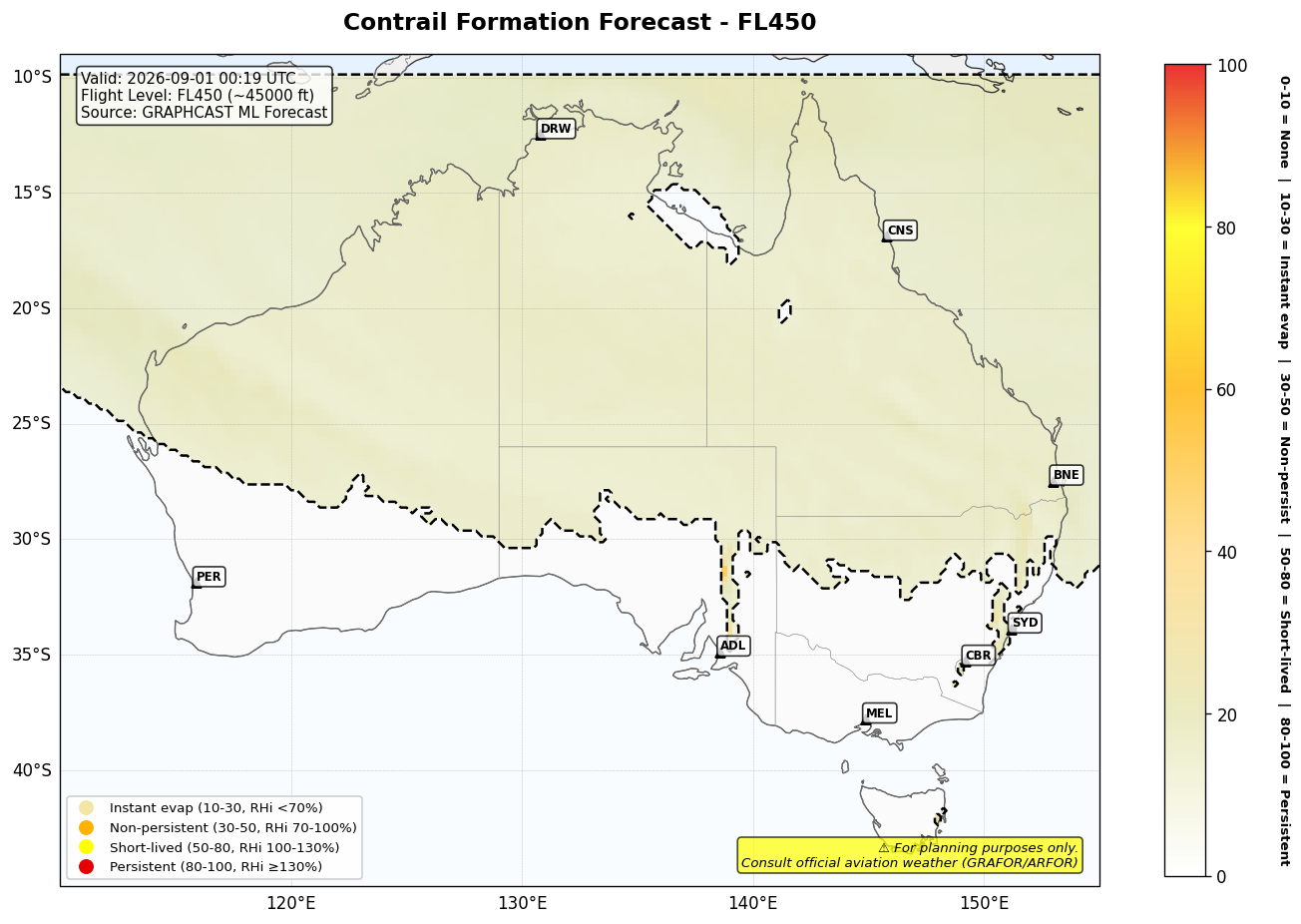 Contrail forecast for FL450 at 2026-09-01 00:19 UTC